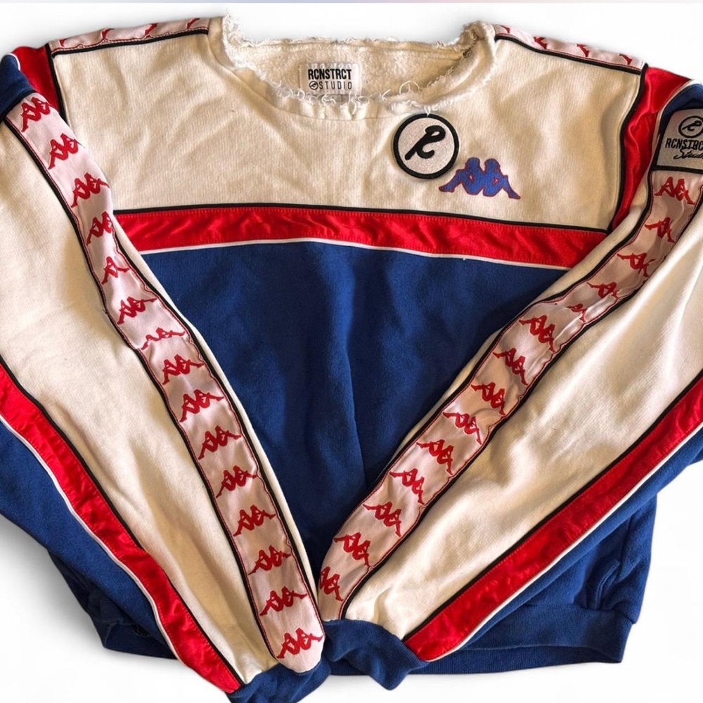 Kappa Off-the-Shoulder Sweater in Red, Blue, and Cream